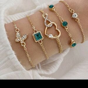 A007 Elegant 5 Piece Gold and Green Bracelet Set